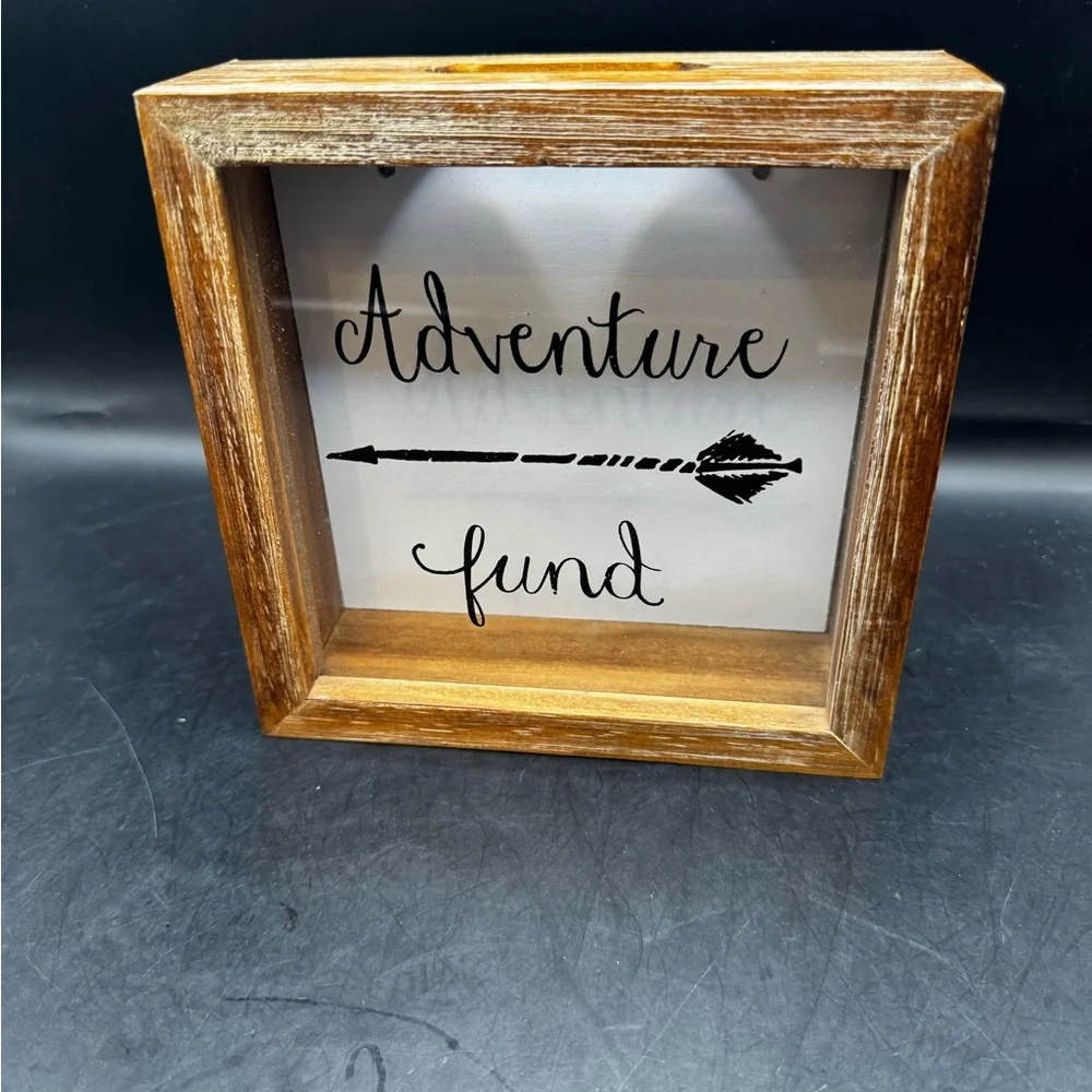 Hobby Lobby Square WOODEN Glass Front Money Savings Bank OUR ADVENTURE FUND